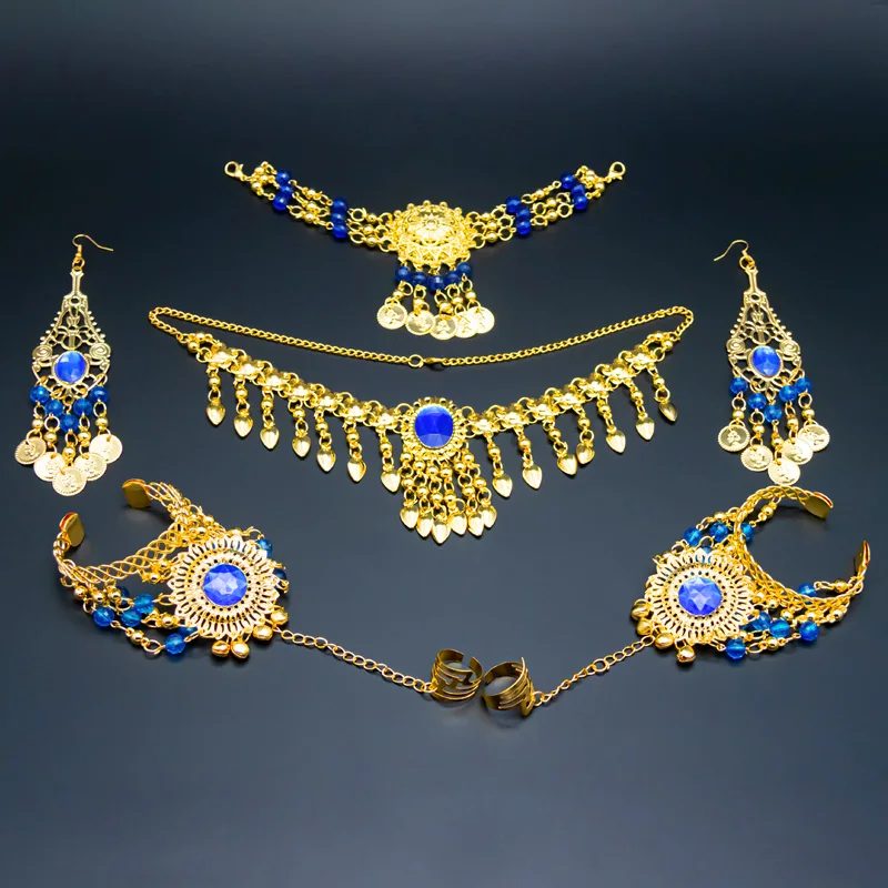 Blue-Full Set Индийские аксессуары для танца живота, стразы, ожерелье, серьги, головной убор, женский набор для танца живота, аксессуары для танцев - Цвет: Blue-Full Set