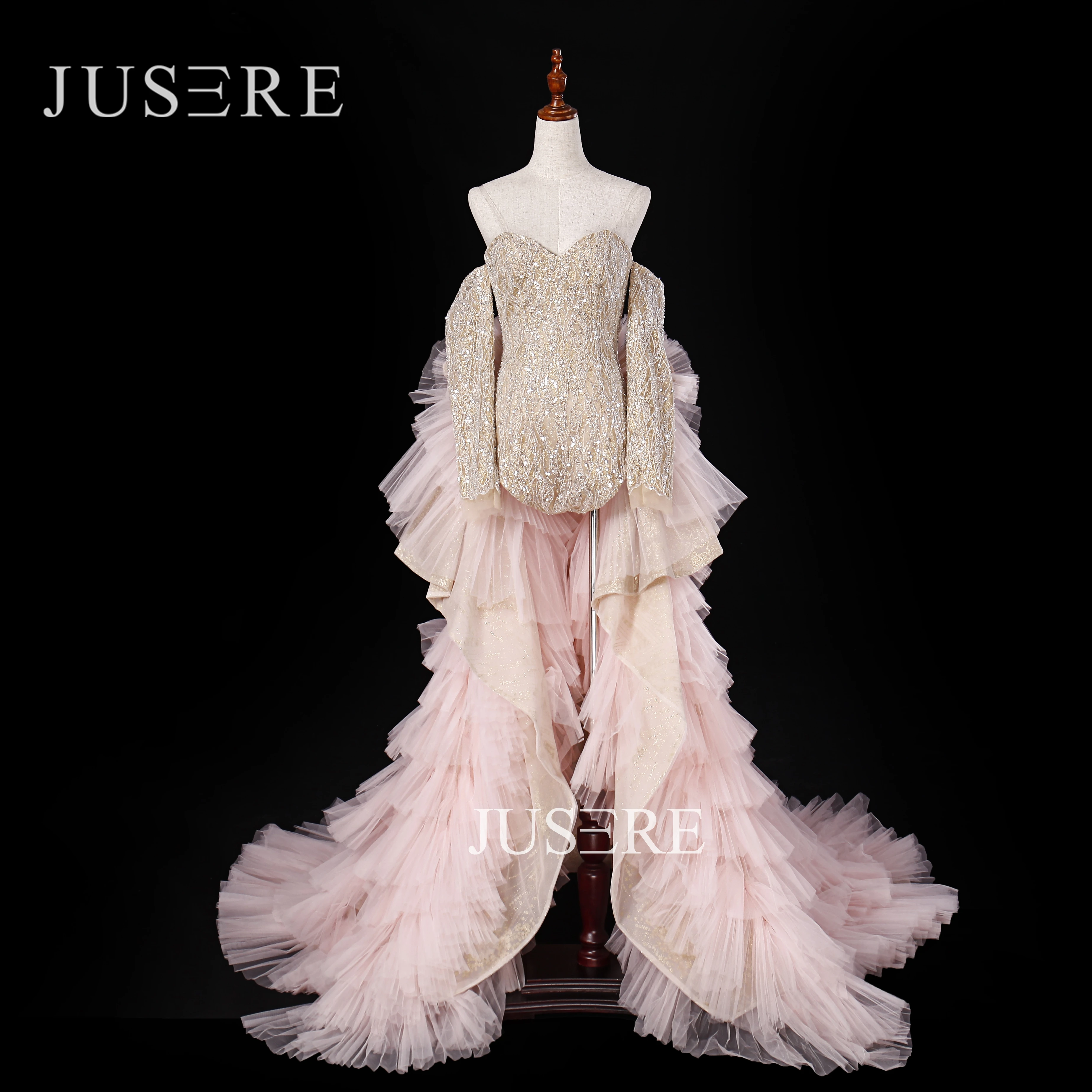 JUSERE Robe de soiree Fashion Gold Pink Sleeve Long Evening Dress Detachable Skirt 2020 Sequin Formal Gowns Dresses | Свадьбы и