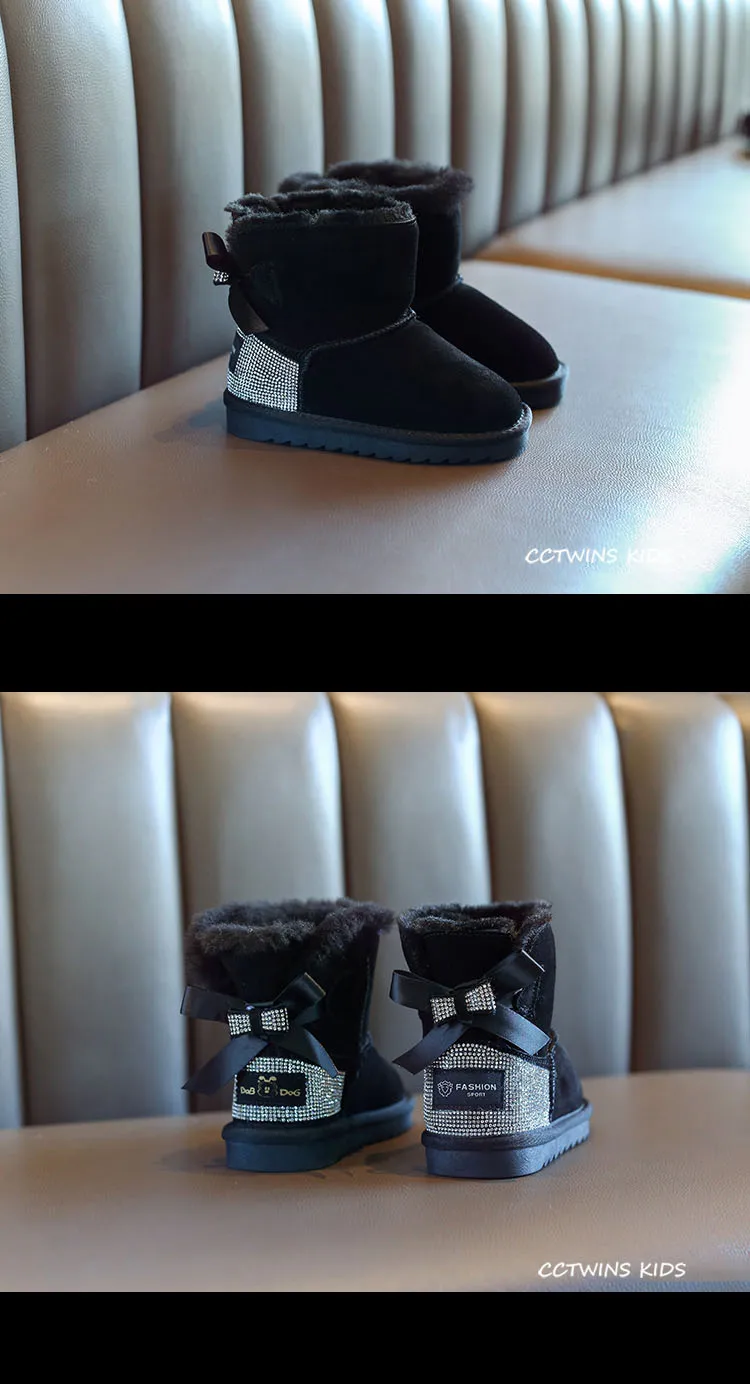 CCTWINS Kids Shoes Winter Children Fashion Rhinestone Snow Boots Girls Genuine Leather Shoes Baby Butterfly Shoes SNB133