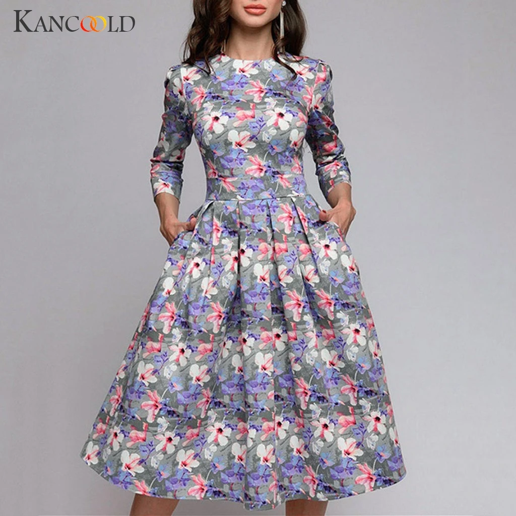 KANCOOLD женское модное платье с цветочным принтом и круглым вырезом 3/4 рукав карман