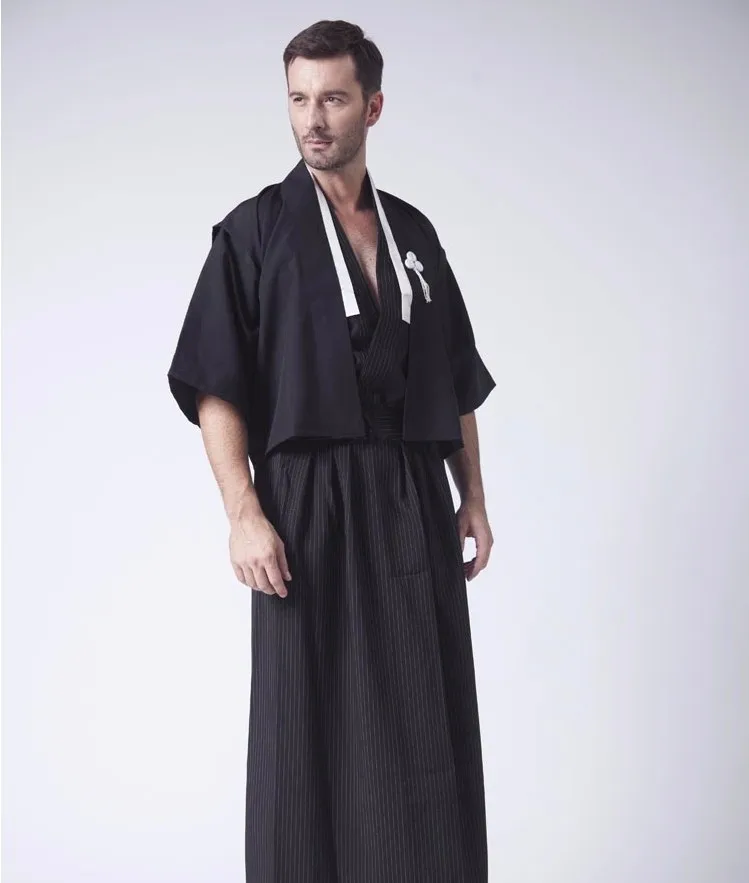 Vintage Black Japanese Men's Warrior Kimono With Obi Traditional Yukata Samurai Clothing Convention Costume Cosplay