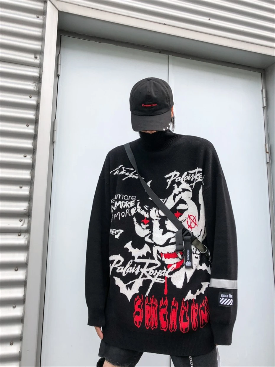 Harajuku вязаные свитера с высоким воротом для мужчин и женщин хип хоп клоун печати свободный пуловер свитер уличная Мужская зима WG608