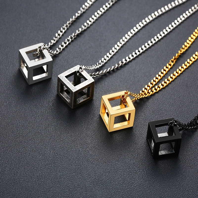 Vnox Retro Hollow Cube Pendant for Men Stainless Steel Square Vintage Necklace Punk Geometric Collier 24″ Chain