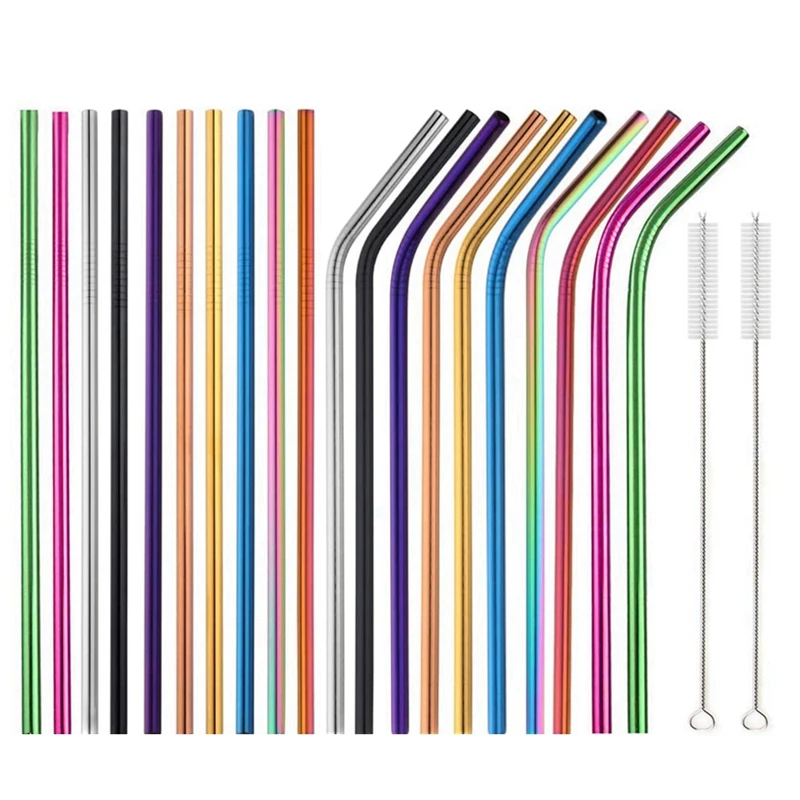Pailles réutilisables en acier inoxydable livraison directe avec ensemble de brosses, 10 couleurs, avec ensemble de 20 pièces
