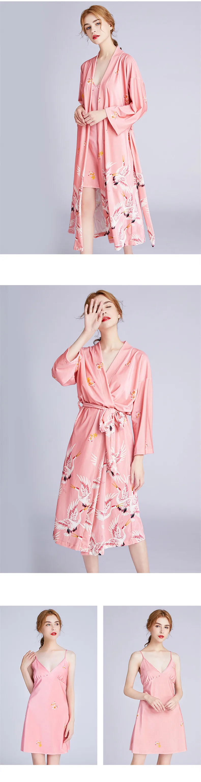 Зимняя теплая Толстая длинная пижама ночная одежда Женский Золотой бархатный халат+ юбка средней длины с принтом журавля банный халат размера плюс