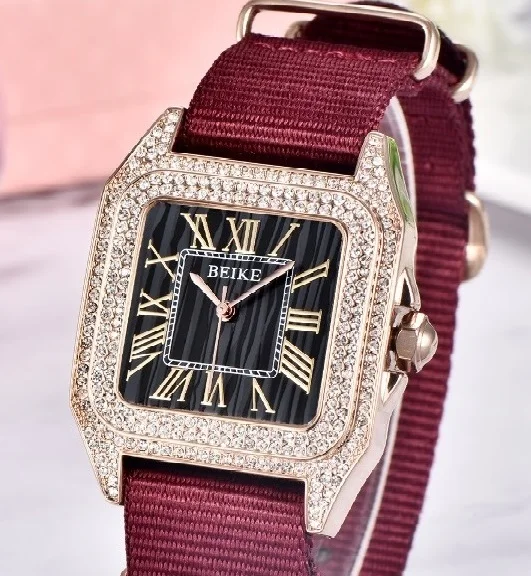 Iced out розовое золото роскошный бренд женские часы кварцевые с бриллиантами Женские наручные часы Montre женские Relogio Masculino наручные часы - Цвет: nylon Red