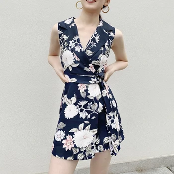 

Summer Women Print Jumpsuit Office Ladies Elegant Sashes Print Short Playsuit Sexy Sleeveless Tied Waist Rompers