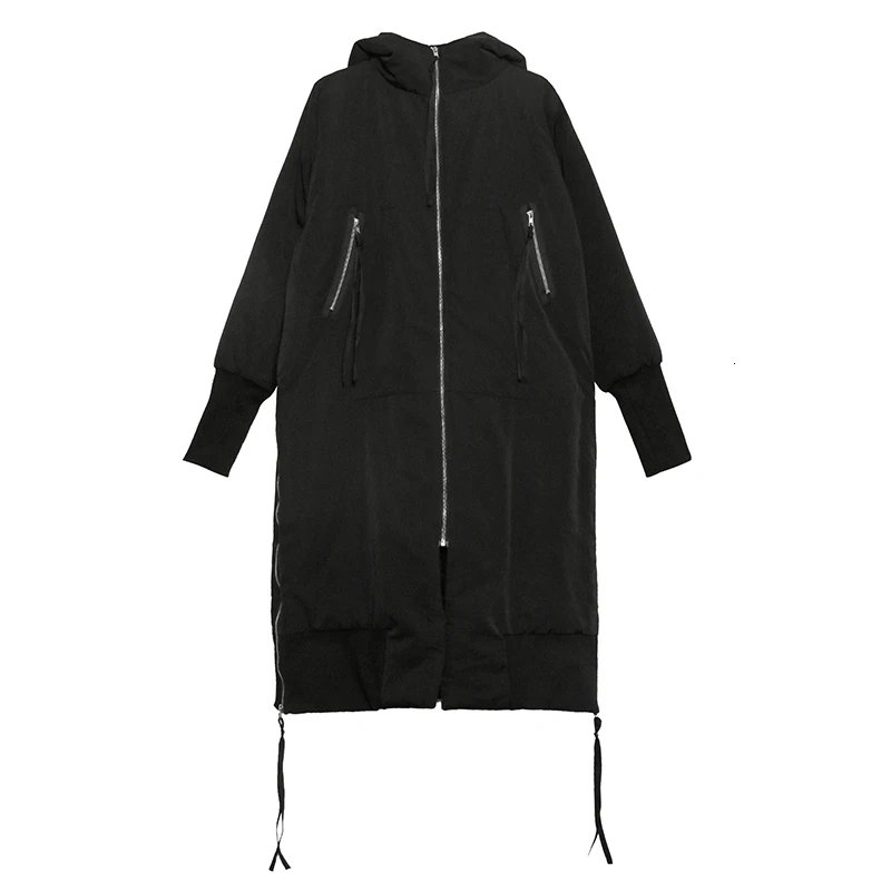 [EAM] Black Big Size Hooded Cotton-padded Coat Long Sleeve Loose Fit Women Parkas Fashion Tide New Autumn Winter 1H886 - Цвет: black