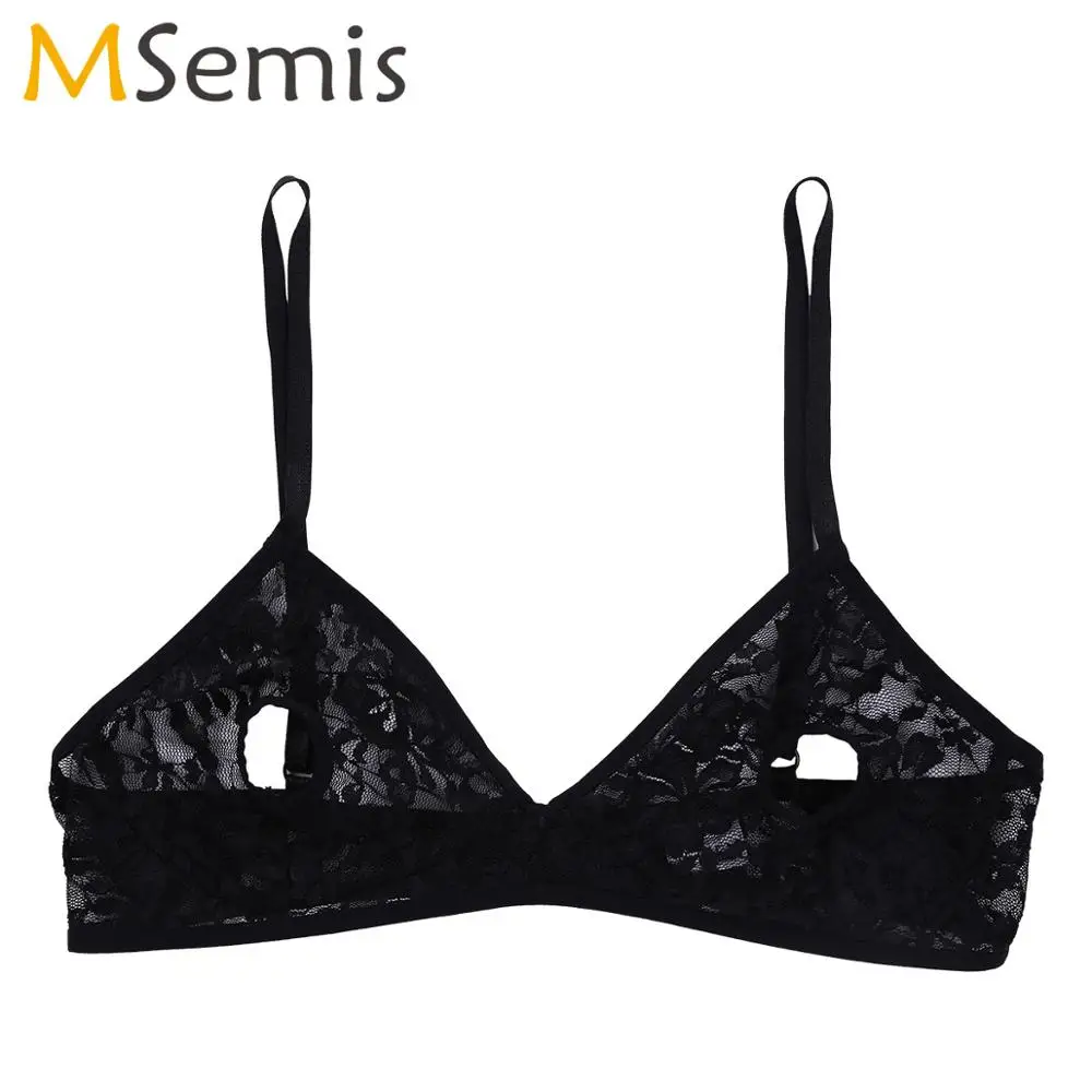 Women Lingerie Sheer Sexy Lace Floral Open Nipples Bra Top Wire-free Unlined Triangle Cup Hollow Out Straps Bralette Vest