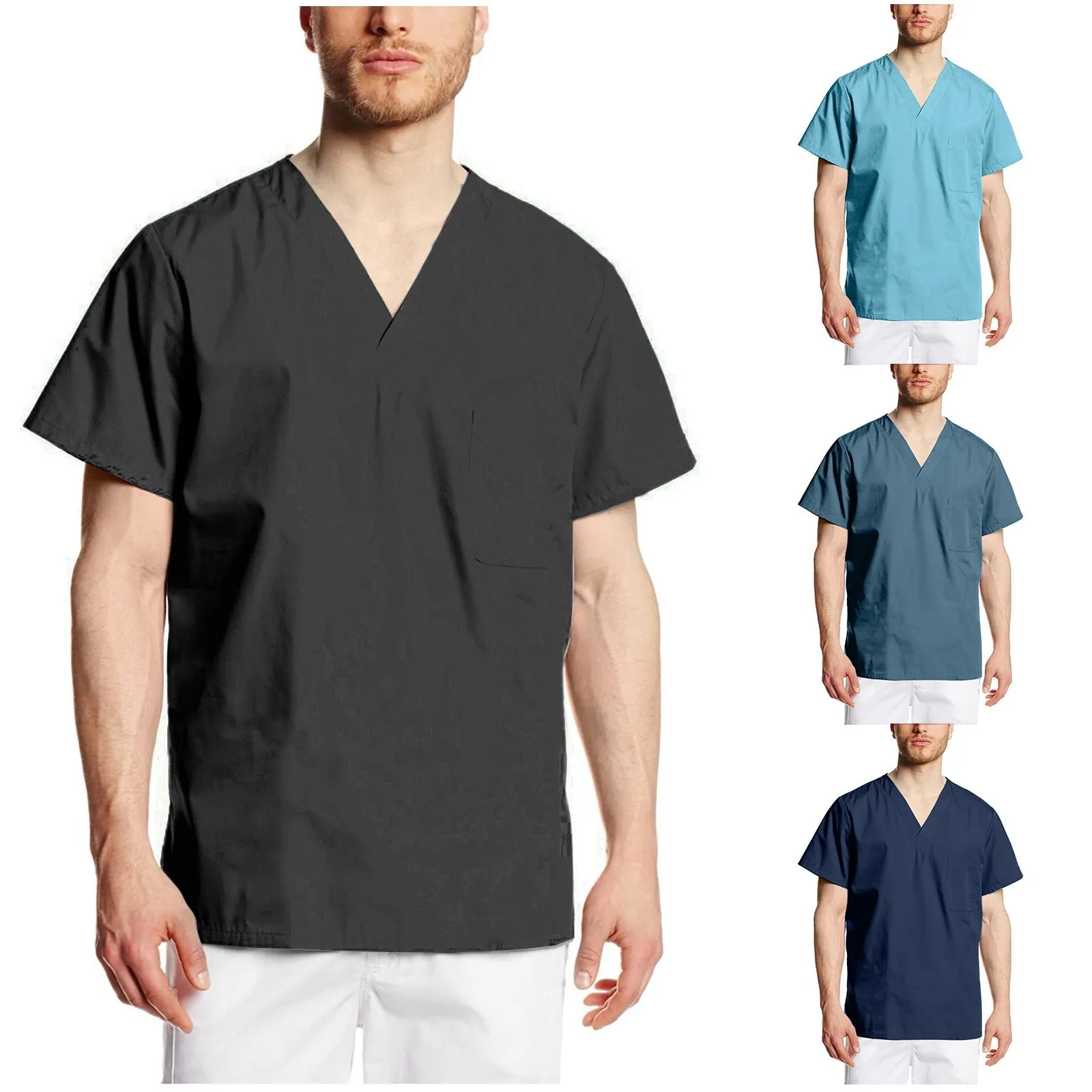 Men Nursing Uniform Solid Color Short Sleeve V-neck Tops Summer Oversized T-shirt For Male Care Worker Healthcare Clinic Clothes nurse scrubs top nurse uniform suits