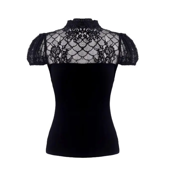 Darkinlove/женские кружевные топы с пышными рукавами, готические элегантные летние футболки с короткими рукавами и шнуровкой