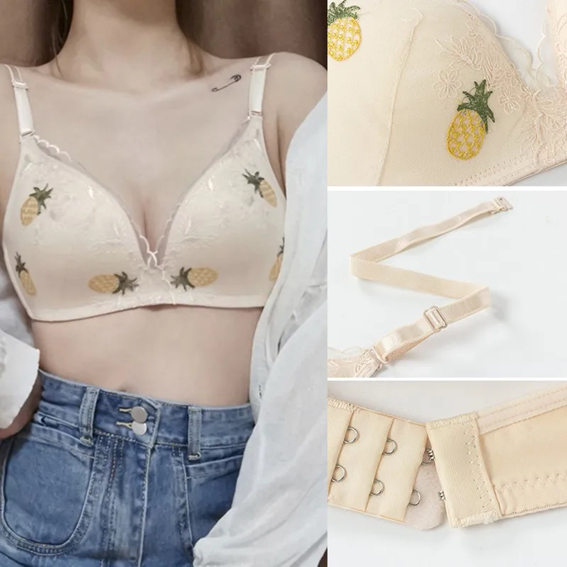Регулируемый бюстгальтер без оправы, тонкий срез, пуш-ап, собранная вышивка, фруктовый узор, удобное нижнее белье, Комплект трусов, дропшиппинг