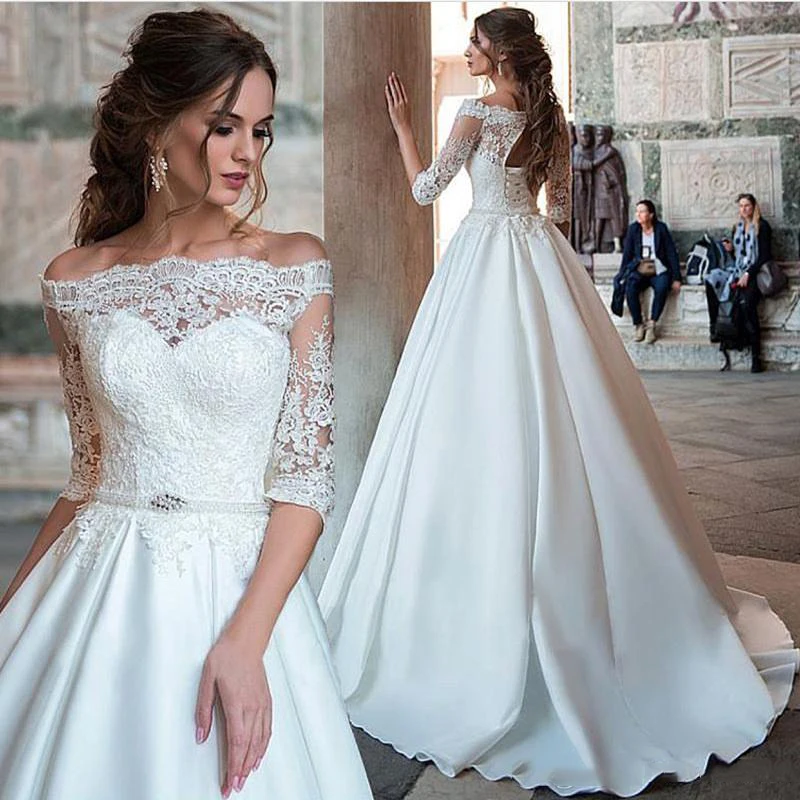 Wedding Dresses Off The Shoulder Half Sleeve Lace Bride Dresses Lace Up ...