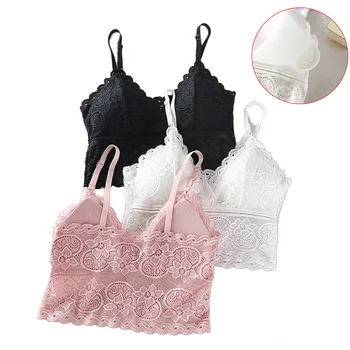

Women Fashion Wireless Bra Padded Bralette Deep V Lace Bras Summer Crop Top Embroidery Floral Tank Top