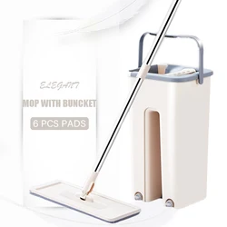 Lazy Mop With Bucket Squeeze Hand Free Flat Mops Magic Floor Mop Home Household  Cleaning Tools 6Pcs Replacement Microfiber Pads