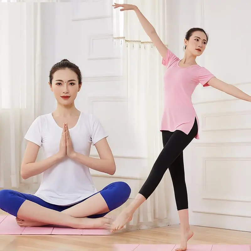 

Summer Yoga Clothes Suit Women's Elegant Mid-length Short Sleeve Capri Pants Modal Sports Slimming Slit Dancing Dress