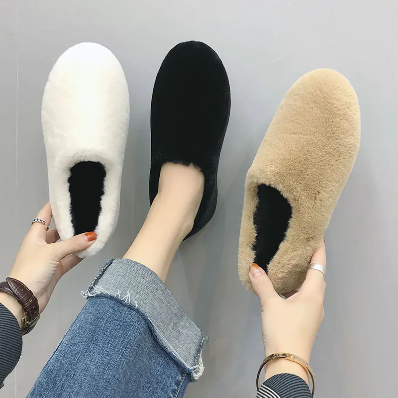 

round toe moccasins brief solid winter warm short plush cotton flats shoes student outside non-slip soft bottom loafers footwear