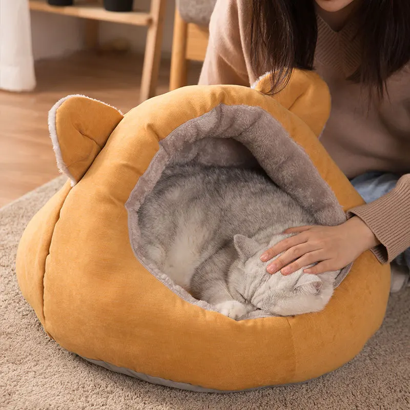 

Cute Cartoon Round Slippers Pet Cat Bed All Seasons Removable And Washable Semi Closed Dogs Bed Cats Nest Pets Sleeping Supplies