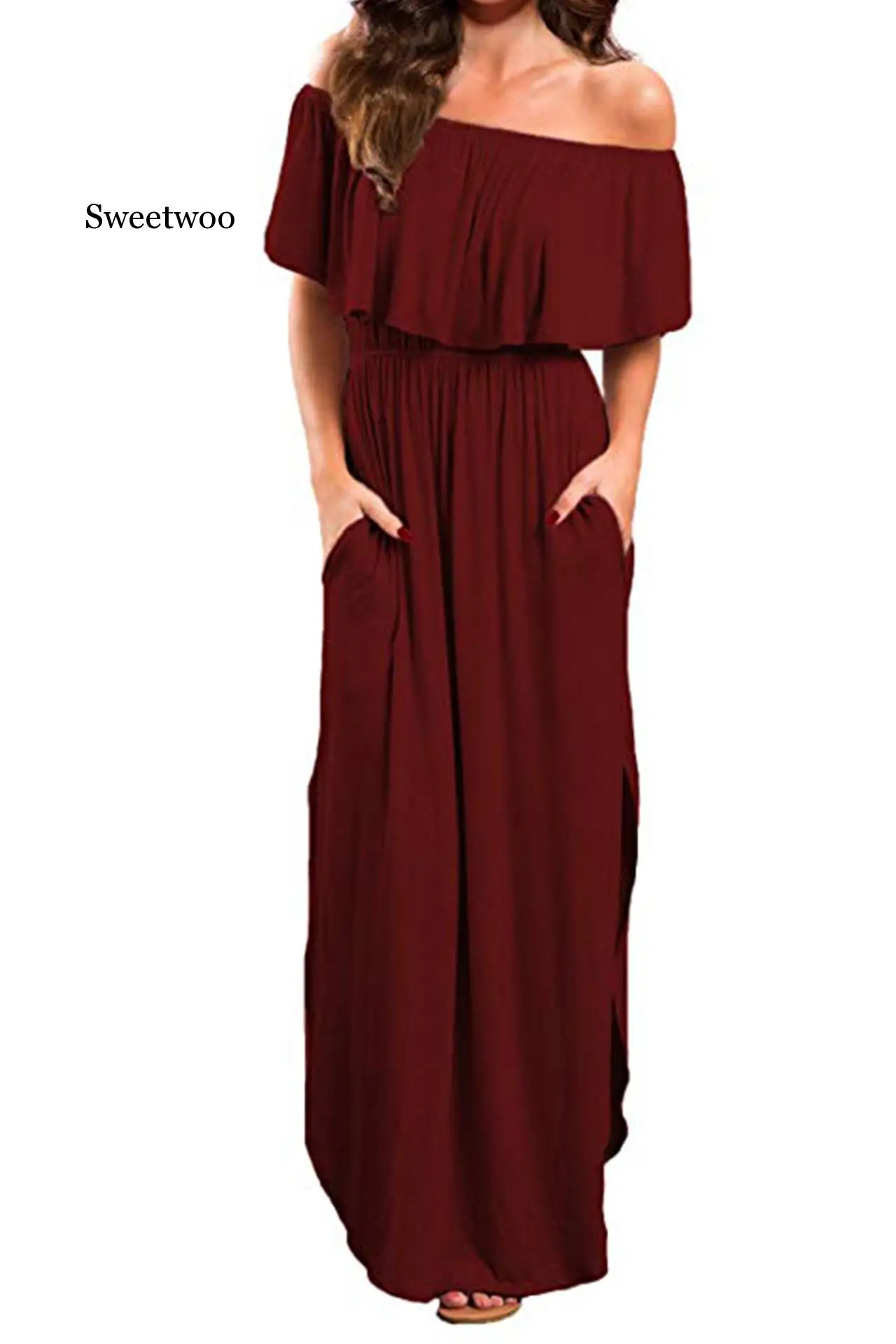 

Женское летнее платье макси с рюшами, коротким рукавом и открытыми плечами