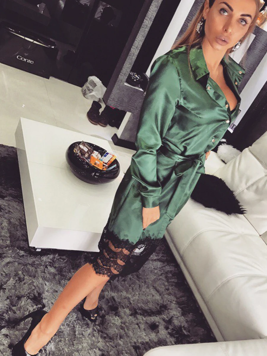 New Fashion Women Sleep Tops Autumn Winter Full Sleeve Length Solid Pattern Type Turn-down Collar Lace Decoration