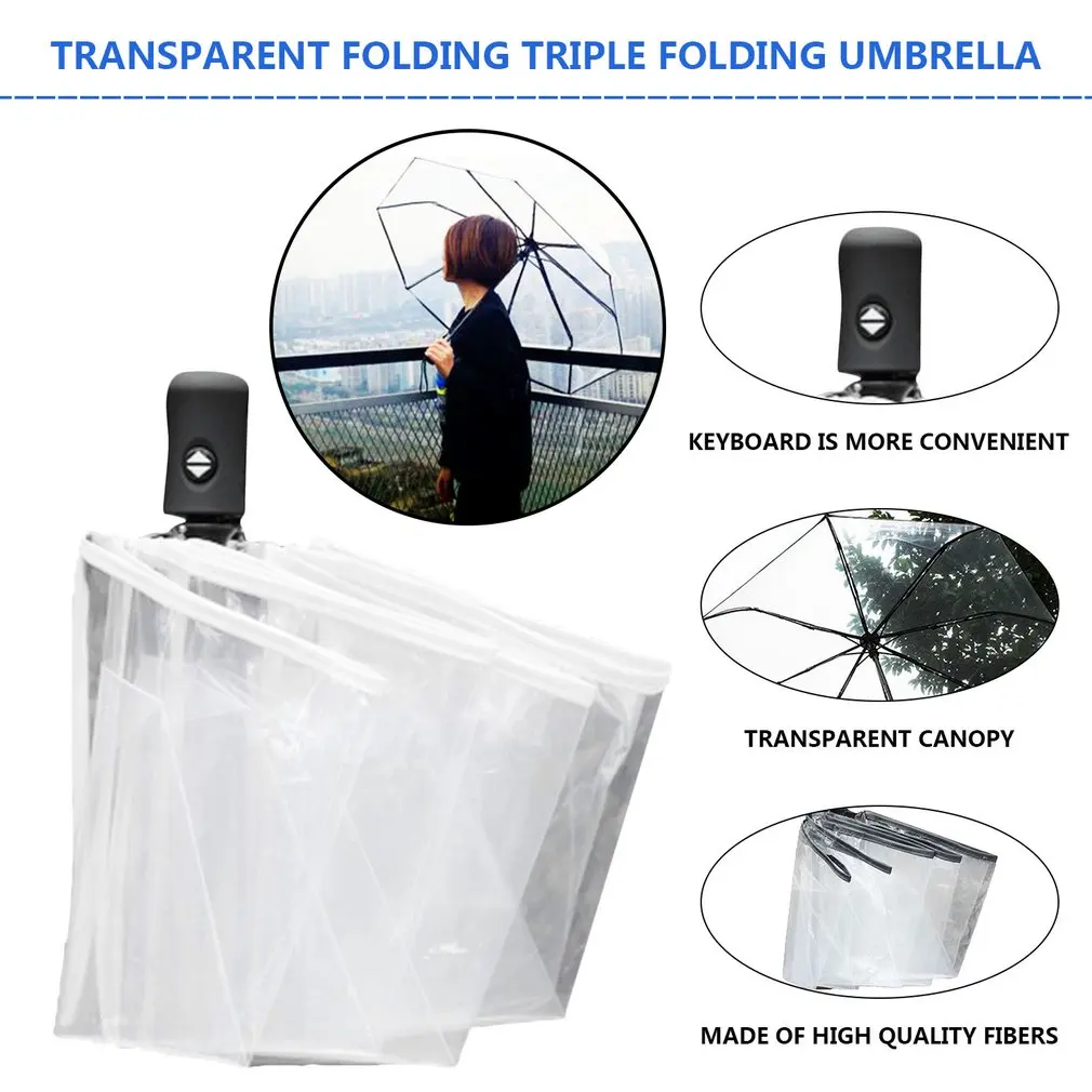 Compact Fully Automatic Umbrella Three Folding Clear Windproof Umbrellas Women Men 8 Rib Rainproof Transparent Umbrella Gift