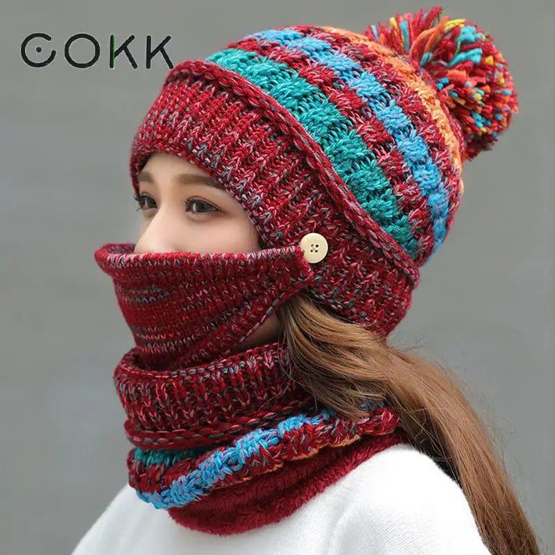 

COKK Winter Hat And Scarf With Mask For Women Knitted Cap Female Thickening Windproof Keep Warm Ladies Hat & Scarf Collar Gorras