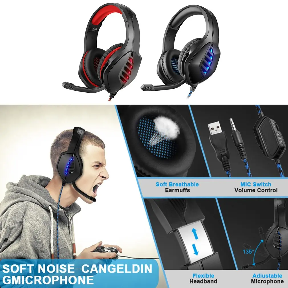 J1 A Head mounted Wired Luminous Earphones Gaming Headsets Portable Wired Mobile Phone Computer Headsets