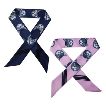

Women Double Layer Imitation Silk Skinny Neckerchief Scarf Cute Cartoon Cat Stripe Print Headwrap Handbag Handle Bracelet Ribbon
