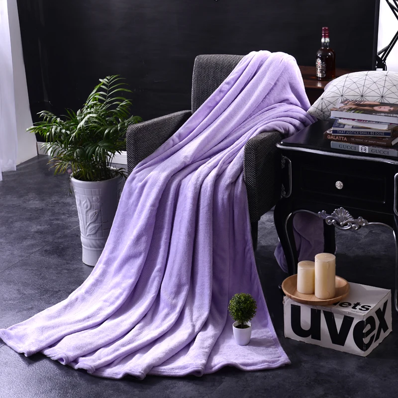 

Home Textile Flannel Blanket Super Warm Soft Blankets Throw on Sofa/Bed/Plane Travel Patchwork Solid Bedspread Light Purple