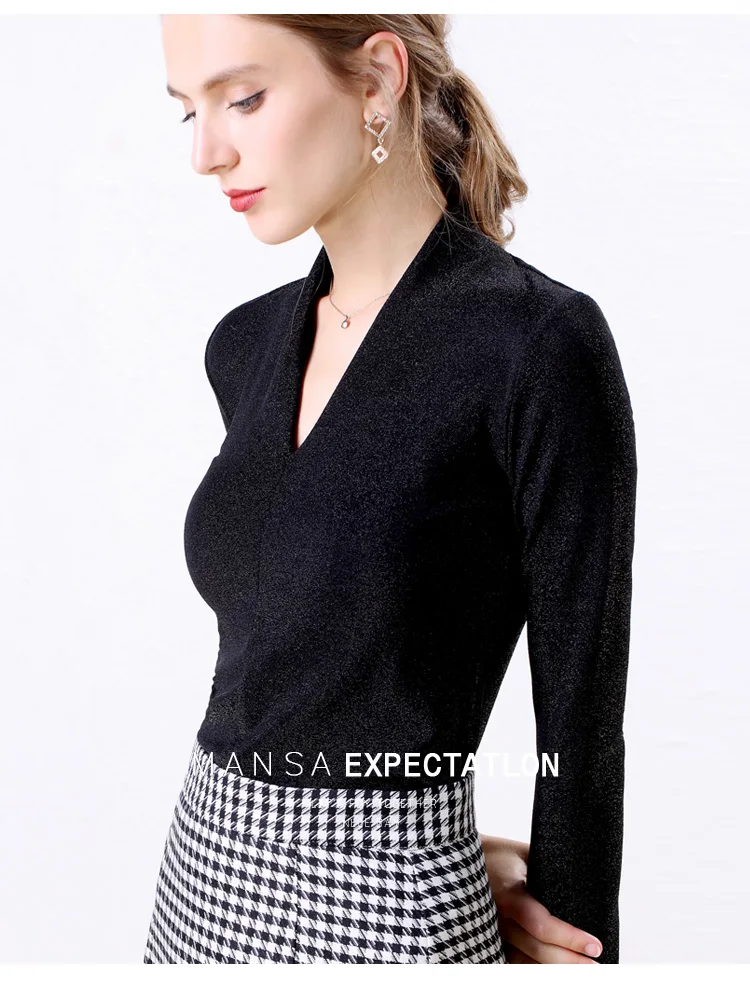 New Fashion V-neck Office Lady Shinning Autumn T-shirts Women's Slim Stretchy Long-sleeved Tops Tees Tshirt For Female JM1909