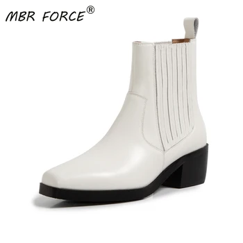 

MBR FORCE Fashion Cowhide square toe High Quality ankle boots women all match shoes woman ladies botas mujer casual travel white