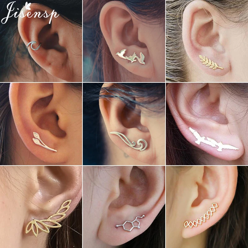 Studs Earings Jewelry Ear-Climber Leaf Jisensp Boho Bohemian Women Everyday Trendy 