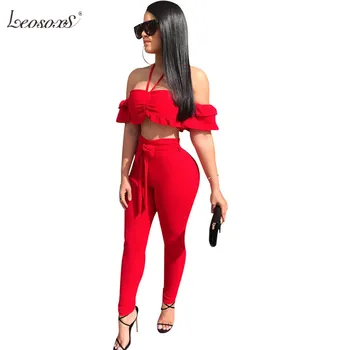 

Red Sexy 2 Piece Set Women Ruffle Off The Shoulder Crop Top And Pants Set Summer Women Sets Clothes Club Party Two Piece Outfits