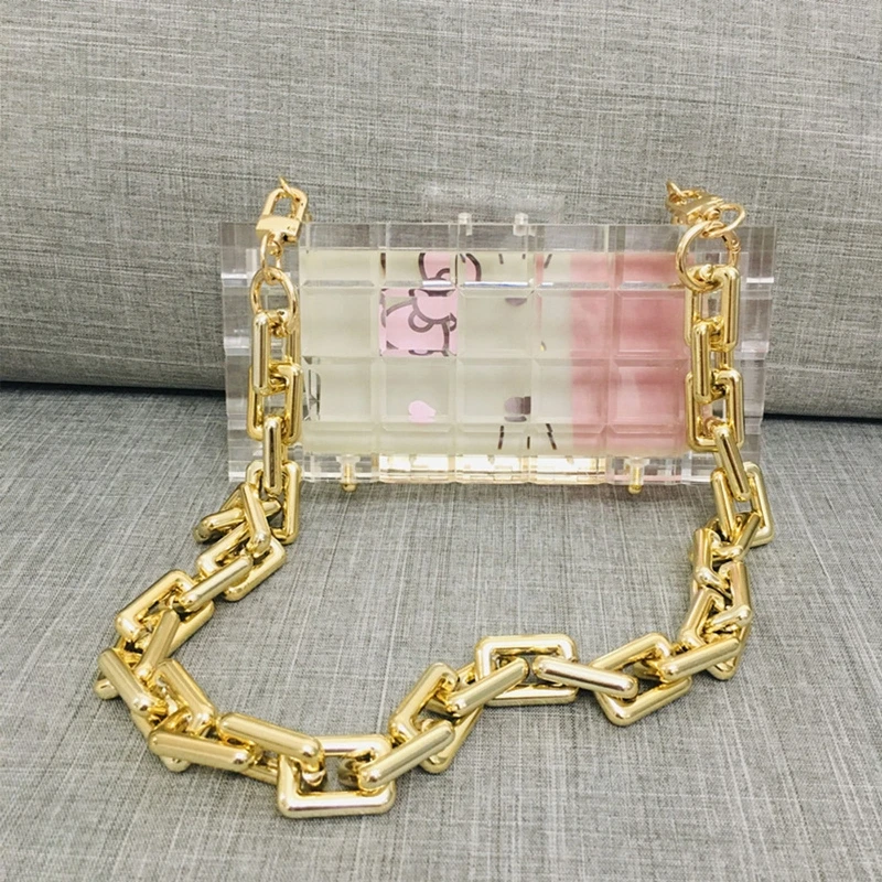 

Transparent Fashion Checkered Women Chain Shoulder Bag Luxury Party Prom Elegant Banquet Evening Dinner Handbag
