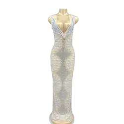 Deep V Neck Long Dress Sparkly Rhinestone Transparent  Evening Birthday Celebrate Costume Women Dancer Performance Stage Wear