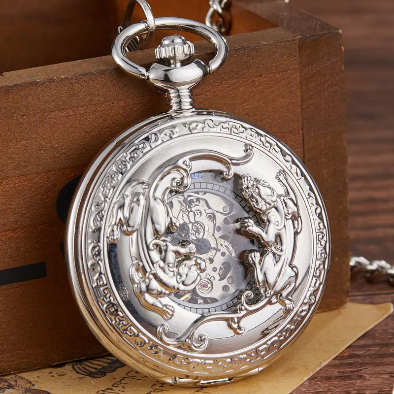 Bronze Steel Retro Steampunk Skeleton Mechanical Pocket Watch Two Lizard Hand Winding Men Engraving Case Watches FOB Chain Clock