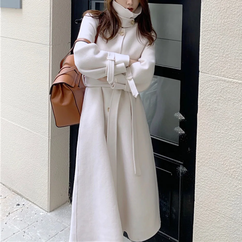 

Woolen Coat Women Long Slim 2020 New Autumn Winter Double-sided Temperament Lapel Long Sleeve Belt Single-breasted Topcoat