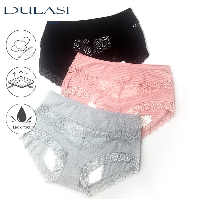 DULASI Leak Proof Menstrual Panties Physiological Pants Women Underwear Comfort Cotton Lace Solid Color Mid Rise Briefs 9059 | Женская