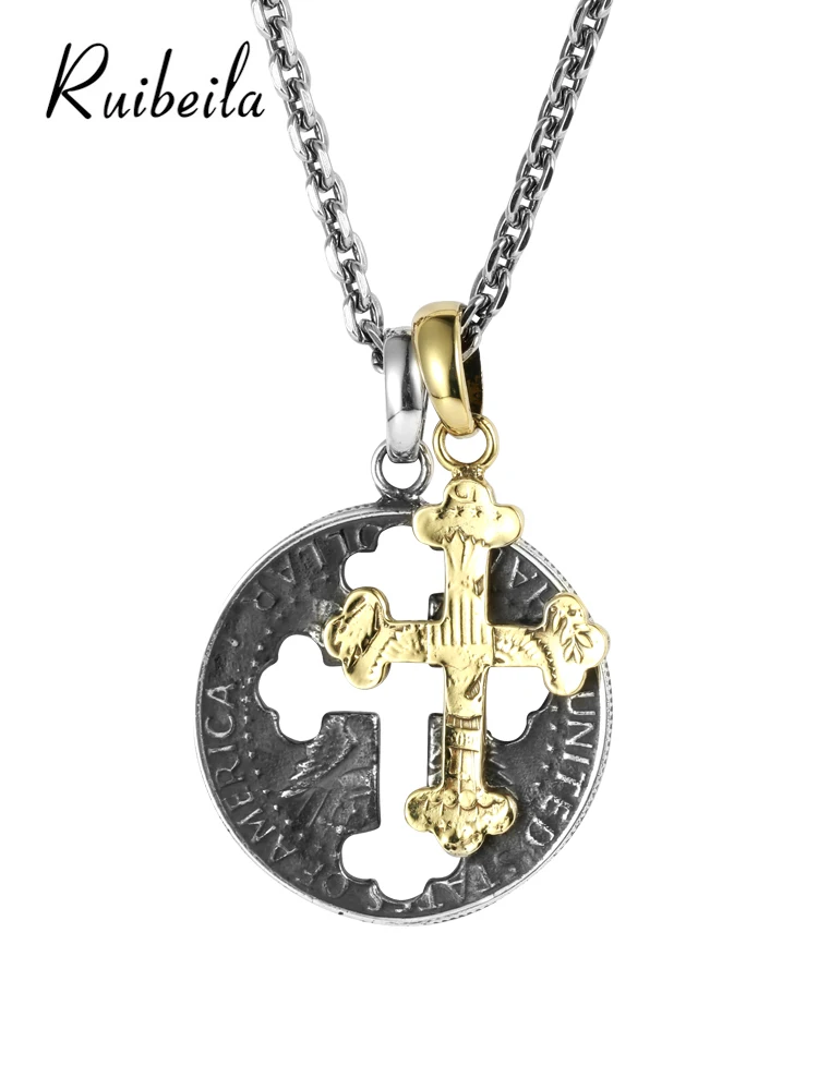 

Ruibeila double couche croix évidée pendentif médaille hip hop en argent 925 rouge net pour hommes pour offrir des cadeaux