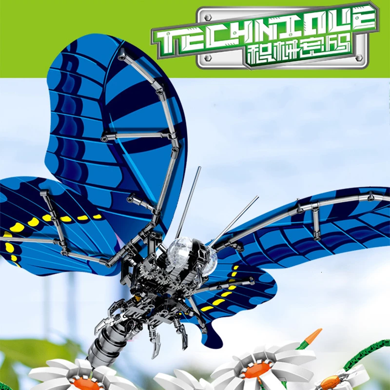 Техника механические насекомые Moc строительные блоки голубая бабочка цветок