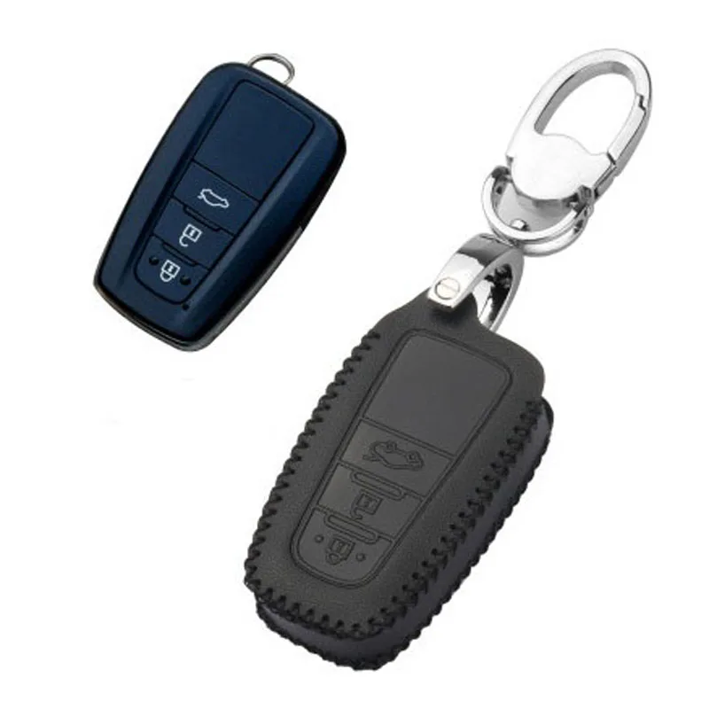 

Genuine Black PU Leather Remote Key Bag Case Fob Holder Chain For Toyota Camry /Prado 2018-2019