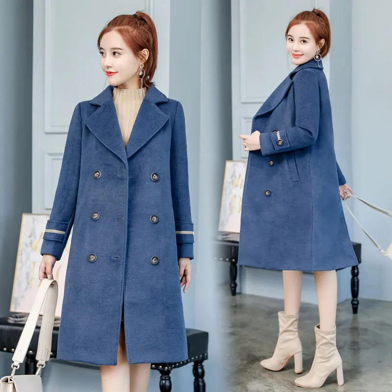 

2018 New Style Double-Sided Woolen Coat Women's Mid-length Hepburn Wind Woolen Cloth Haze Blue Woolen Jacket