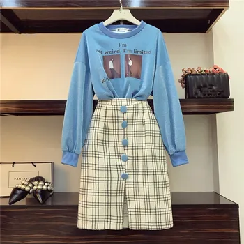 

Autumn Sweatshirt And Plaid Woolen Skirt Suits Two Piece Set Button Long Sleeve Print Pullovers Ladies Office Clothes