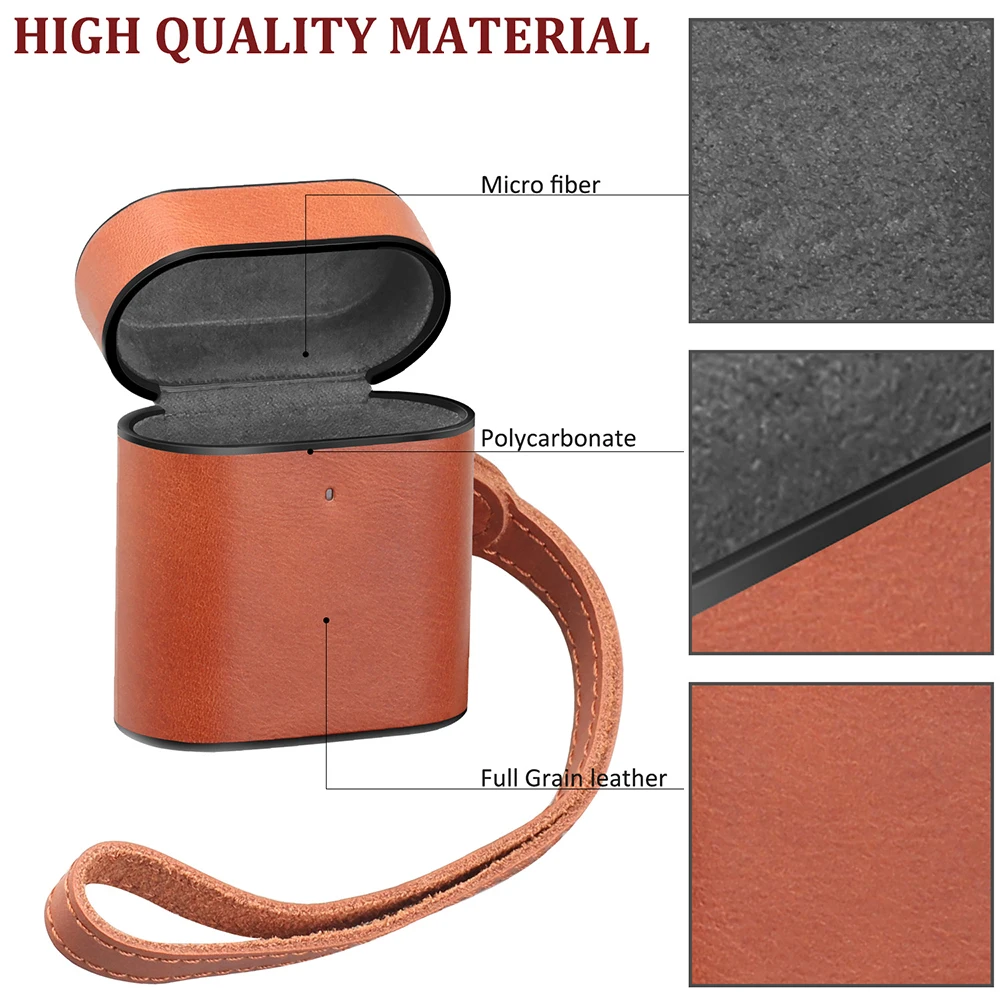 Full Leather Wrist Strap Earphone Box Protective Case Shookproof Hooked Lanyard Earbuds Charging Bin Protector For AirPods - Цвет: Коричневый