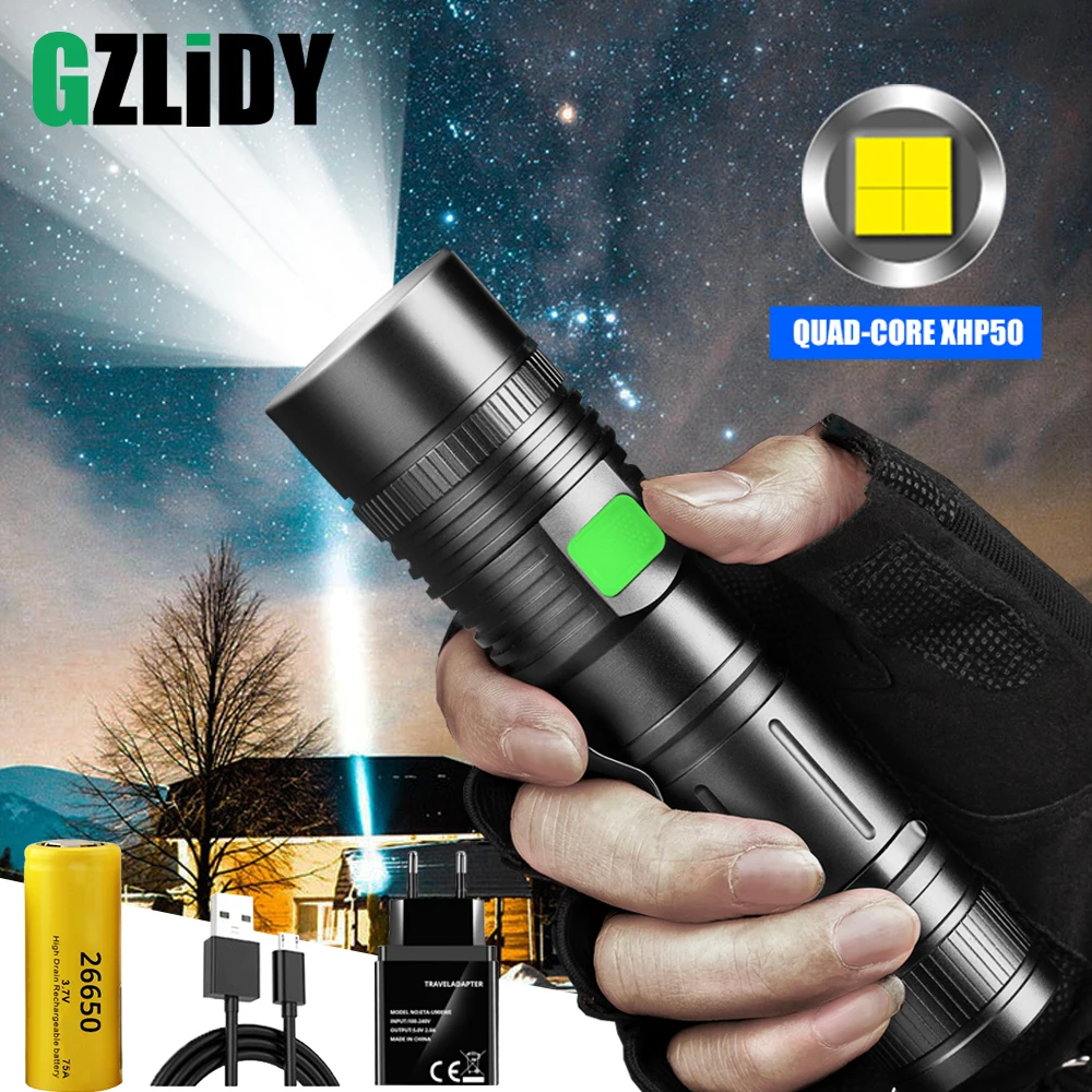 

Powerful LED Flashlight Super Bright XHP50 Tactical Torch USB Rechargeable Camping Light Waterproof Zoomable Lantern 5 Mode Lamp