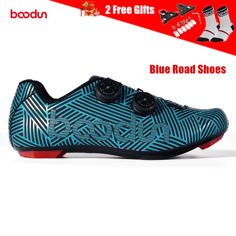 BOODUN Men's Cycling Shoes Road Mountain Bike Shoes with Doublue Rotating Buckle Antislip Nylon Sole Bicycle MTB Racing Shoes - Цвет: Blue Road