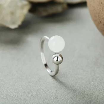 

2019 Limited Top Fashion Women Anel Feminino Stone Bay S925 Pure Hand Inlaid Hetian Ring Personality Round Temperament Lady's