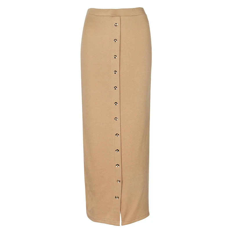 Khaki Winter Autumn High Waist Women Skirts Muslim Buttons Bodycon Sheath Long Skirt Femme Sexy Pencil Skirts Solid Streetwear GV799 - Цвет: Khaki