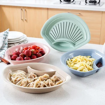 

Double-layer Drain Tray Fan-shaped Dumpling Plate Kitchen Storage Tools Dumpling Plate with Vinegar Dish Anti-skid Wear Plate