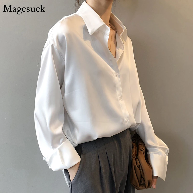 New Spring Turn-down Collar Women Shirt White Loose Satin Solid Blouse Tops Casual Button Silk Woman Blusas 11355 | Женская одежда